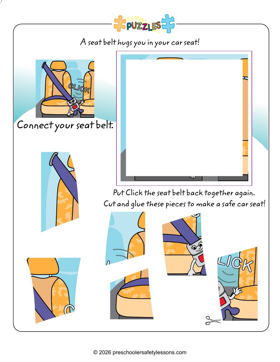 Workbook page: connect the seat belt and put Click the seat belt in the car seat