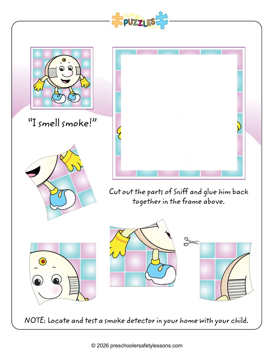 Workbook page: cut out the parts of Sniff the smoke alarm and glue him back together