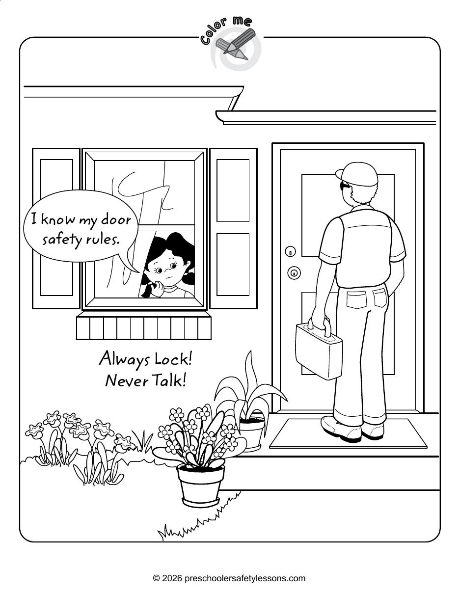 Workbook page: a child practices the door safety rules, always lock and never talk