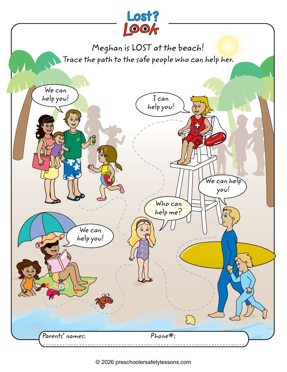 Workbook page: trace the path to the safe people who can help Meghan at the beach