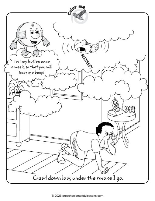 Workbook coloring page: crawl down low under the smoke