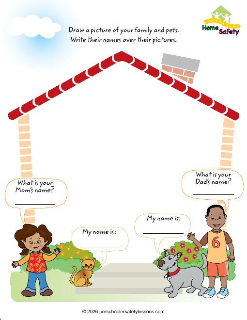 Workbook page: draw your family and pets and write their names