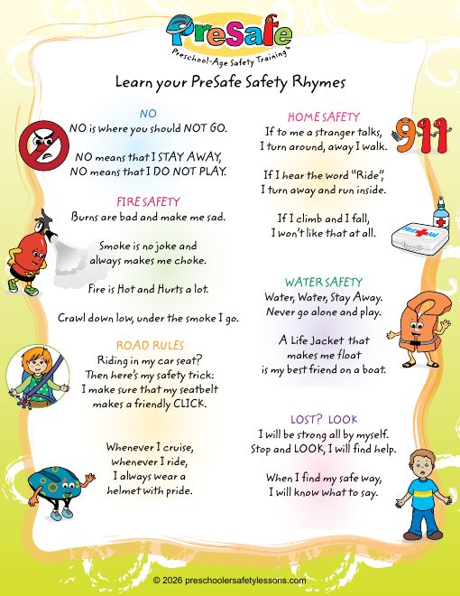 Workbook page: the PreSafe safety rhymes for every chapter